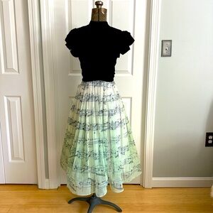 Anthropologie Maeve Music Note Skirt Printed Elastic Waist Green Ivory Black